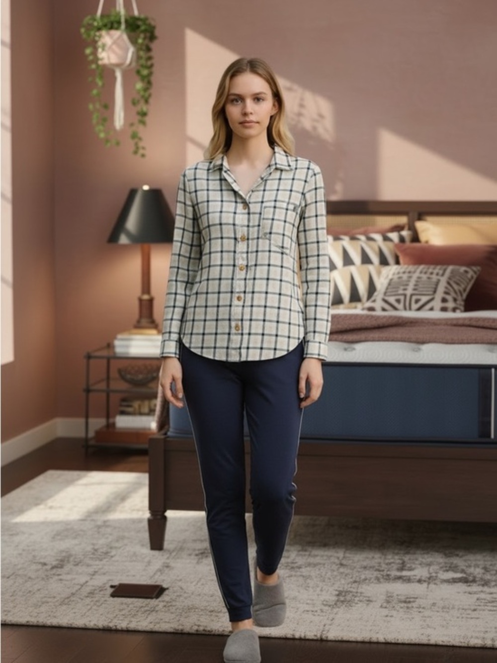 UGG Plaid Check Pajama Button Down Top size S in Blue/Grey